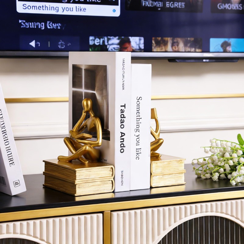 Reading Thinker Statue Book Ends for Shelves, Decorative Bookends for