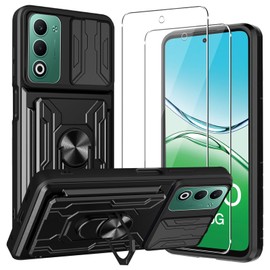 CONAPIKA Case for Oppo A5/A5 5G + 2 Pieces Tempered Glass, with Card Slot+Sliding Lens Cover+360 Degree Rotating Stand Magnetic Bumper Shockproof Case, Black