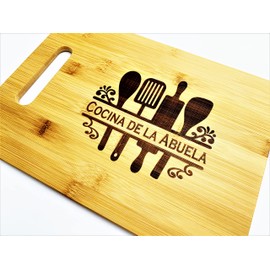 Cocina de la Abuela Engraved Bamboo Wood 9.5x13 Cutting Board with Handle for Mexican or Spanish Grandmother or Mother's Day