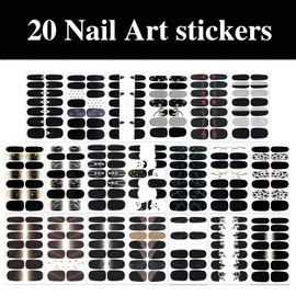 WOKOTO 20 Sheets 280 Pieces Black Nail Stickers Full Nail Wraps French Style Stick On Nail Polish Strips Black Gel Nail Strips DELF Adhesive Punk Gel Nail Sticker for Women Girls Kids with Nail File