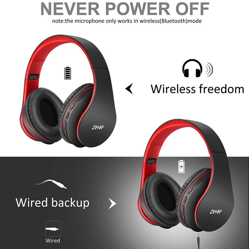 zihnic Bluetooth Over-Ear Headphones, Foldable Wireless and Wired Stereo Headset