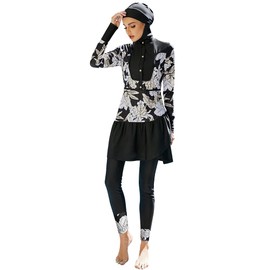 Muslim Swimsuits for Women Modest Islamic Arabic Swimwear Burkini Full Cover Hijab Long Sleeve Muslim Dress Top Pants Set with Swim Cap Sun Protection Rash Guard Bathing Suit Black Floral - Button M