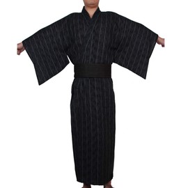 Yifulove Yukata, Men's, Men's, Yukata, Cotton Linen Yukata, Sleepwear, Pajamas, Striped, Summer, Autumn, Fireworks Festival, Black