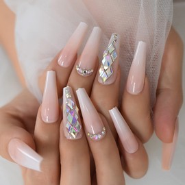24pcs Extra Long Nude White Press On Nails With Rhinestone Ombre Ballerina Coffin Bling Luxury Fake Nails Full Cover Nail False Tips for Women and Girls
