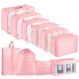 Suitcase Organiser Set, 10 Pieces Packing Cubes for Suitcase Travel Accessories Suitcase Organiser Set Clothes Bags Packing Cubes Cosmetic Travel Organiser Packing Bags for Suitcases (Pink)