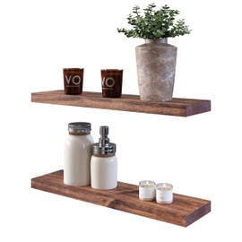 LETTO Set of 2 Solid Wood Floating Shelves - Rustic Look Thick Pine Wood Shelf - All Included Set-up - Smooth Finish - Bathroom, Kitchen & Bedroom Decor - Cinnamon - 6.10" D x 24" W x 1.26" H