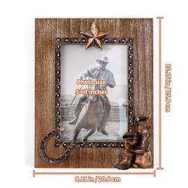OKSQW 5 x 7 Rustic Wood Picture Frame with Cowboy Design, Solid Wooden Photo Frame with High Definition Glass, Cool Handicrafts Tabletop or Wall Mounting Great for Display for Farmhouse Home Decor.