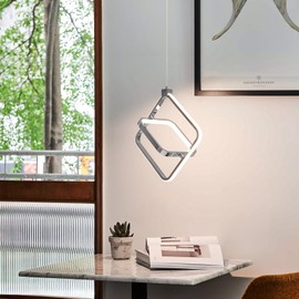 BNHHLZ Modern LED Chandelier Chrome Rectangular Pendant Light Fixtures 4000K 20W Dimmable Height Adjustable Pendant Lighting for Dining Room Kitchen Island Bedroom Living Room Foyer（2-Pack）