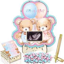 Wenqik 63 Bear Gender Reveal Baby Shower Guest Book Alternatives Set Baby Shower Decorations with Photo Frame Sonogram Frame Keepsake 60 Wood Slices Guest Book for Birthday
