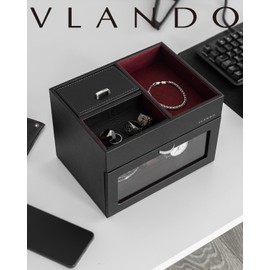 Vlando Automatic Double Watch Winder - Watch Winder Box with Men Jewelry Organizer Tray, Japanese Quiet Motor, LED Light, Adjustable Watch Pillows - Red