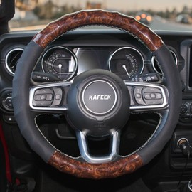 KAFEEK Wood Grain Steering Wheel Cover, Universal 15 Inch, Car Steering Wheel Protector Men Women, Comfort Finger Grips, Breathable Microfiber Leather, Anti-Slip, Black