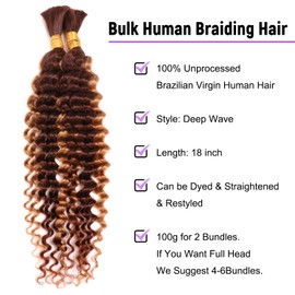 Human Braiding Hair for Boho Braids Human Hair Extensions 18 Inch 100g No Weft Wet And Wavy Curly Deep Wave Bulk Human Hair for Micro Braids (P4/27#, 18Inch 100g(50gx2Bundles))