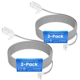 2-Pack 2 Prong Extension Cord 15FT, 90 Degree Plug, SPT-2, Flat Nylon Braided Power Extension Cord With 3 Outlets, Multiple Outlets with Tamper Guard, ETL Listed, Outlet Saver, 16 Gauge Wire, 13A/125V