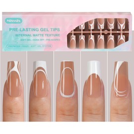 Misssix French Gel Nail Tips, 150Pcs French Tip Press on Nails Long Square Design, No Need to File Tips Pre-lasting, Fake Nails for Nail Art DIY 15 Sizes