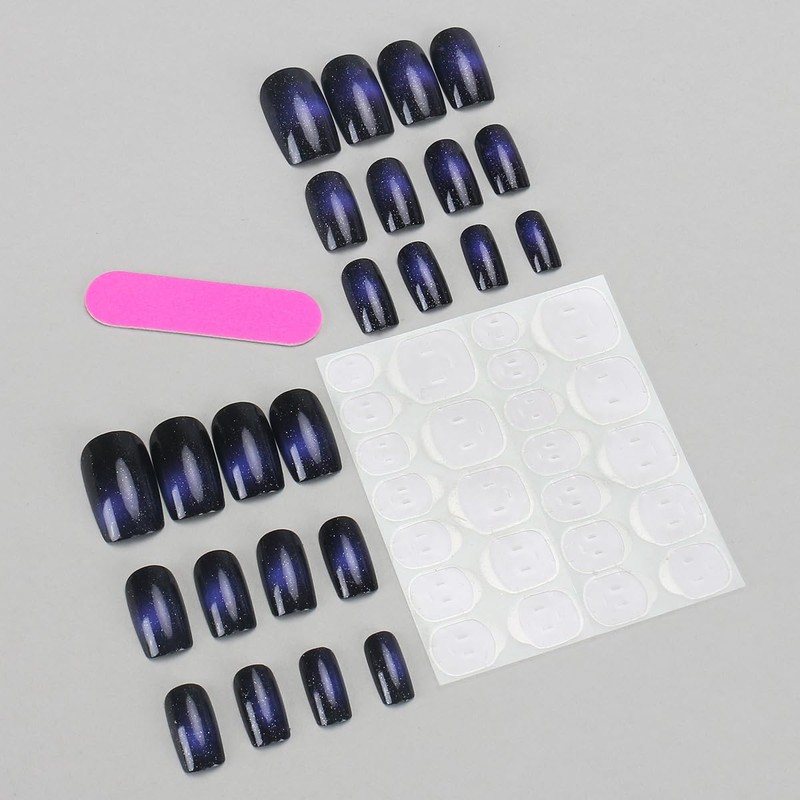 Black Press on Nails Short Square Fake Nails Blue Gradient