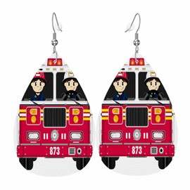 Fireman and Fire Engine Leather Earrings for Women Cartoon Firefighter Helmet Fire Red Truck Earrings Teardrop Earrings Dangle Earrings Decoration Christmas