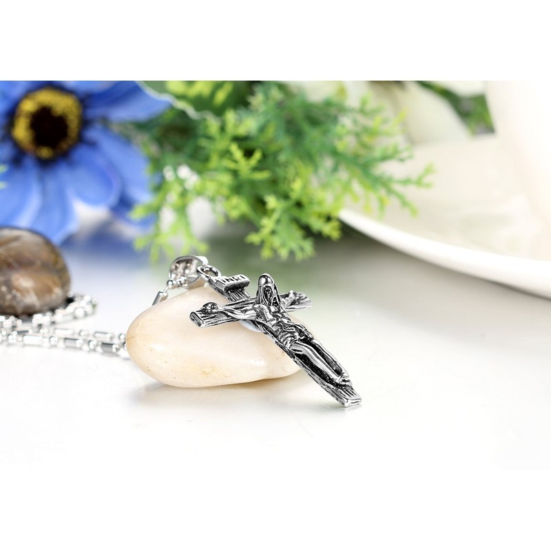 JewelryWe Mens Stainless Steel Jesus Christ Crucified Cross Pendant Necklace