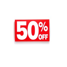 50% Percent Off Signs, 7" x 11" with Eye Catching White Text on Red Background, Printed on Durable Card Stock, 5 Pack