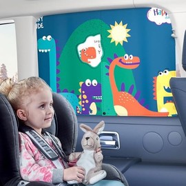 DOSYU Parasol Magnético para Coche, Parasol Ventana Lateral de Dibujos Animados, Diseño de Doble Capa, 5 Capas de Aislamiento, Máxima Protección contra Rayos UVA y Anti-Mosquitos. (Dinosaurio)