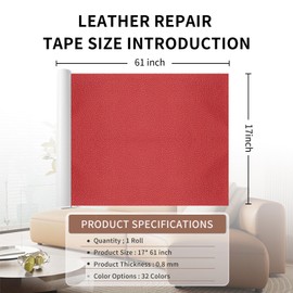 Leather Repair Patch Tape, Red 17 x 61 Inches Self Adhesive Leather Repair Kit for Furniture, Car Seat,Vinyl Leather Repair Kit for Office Chairs, Bags, Luggage