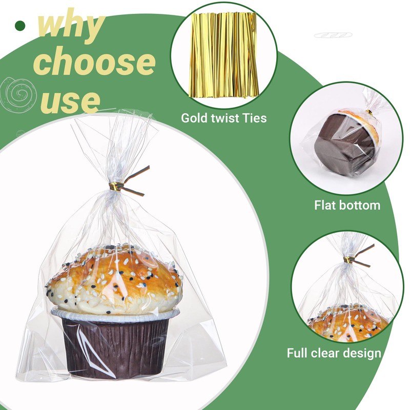 ROSPAKTEK 100 Pcs 5x6.5 Cellophane Muffin Bags with Gold Twist