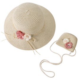 Girls Straw Sun Hat with Mini Crossbody Bag Summer Girls Panama Wide Brim Beach Cap with Flower Decor Foldable Trilby Hat Anti-UV Protection Sun Visor with Chin Strap for Kids 2-4 Years