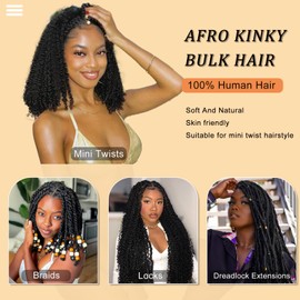 Dong H hair Afro Kinkys Bulk Human Hair for Braiding Afro Kinky-Curly Human Hair Bulk for Mini Twist Afro Kinky Bulk Hair for Dreadlocks Extensions Repair Locs Micro Locs Extension 14Inch(1B,35g/pack)