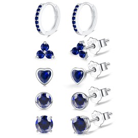 Sterling Silver Studs Earrings Set for Women, 5 Pairs Small Silver Huggie Hoop & Studs Earrings Set | Hypoallergenic Sapphire Cubic Zirconia Earring Jewellery Set for Girls
