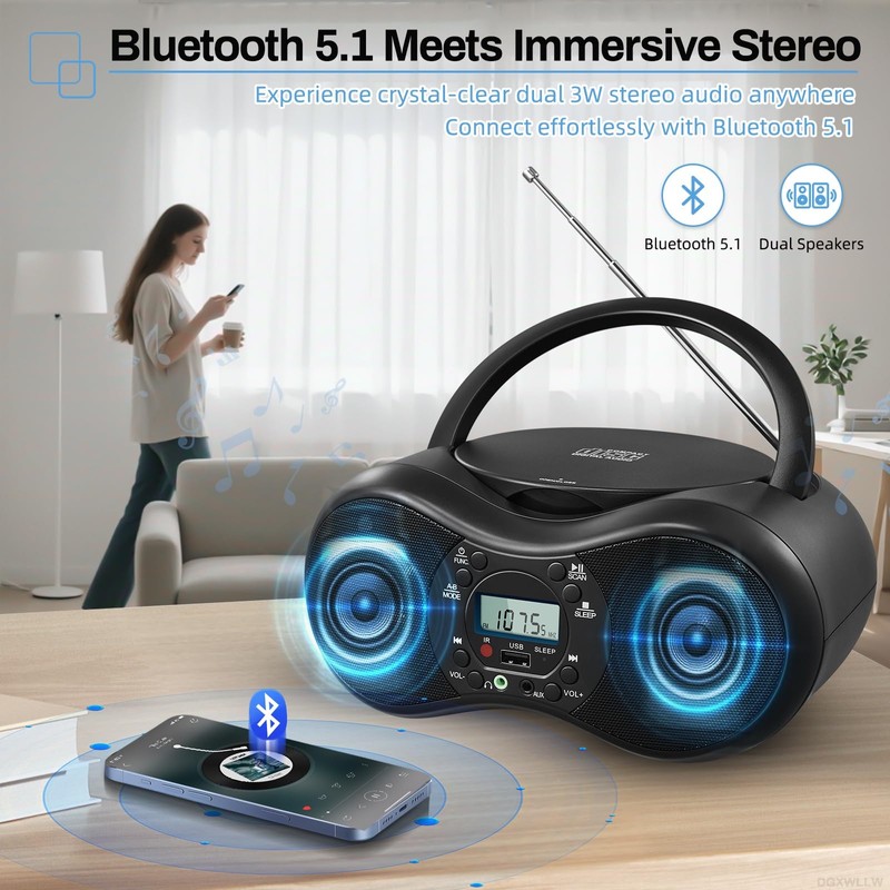 DGXWLLW Portable CD Player Boombox for Home with FM Radio,