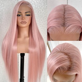 BlackSwern 13x6 Pastel Pink Lace Frontal Wigs, HD Glueless Synthetic Straight Lace Front Wig Pre-Plucked, Ready to Wear Similar Human Hair 200 Density, 32inch #Pastel Pink