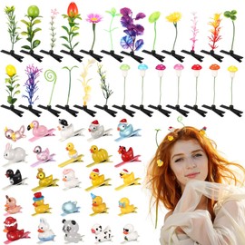 Solsew 50 Pcs Funny Bean Sprout & Duck Hair Clips Set, Rave Mixed Styles Multi-color Hair Clips, Novelty Plant and Animal Hairpins for Women Girls Music Festivals Beach Party Irish Home Christmas