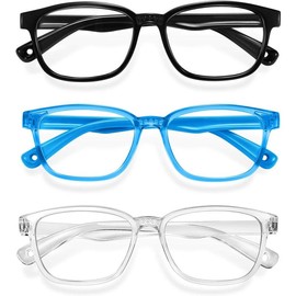 Blue Light Glasses for Kids 3 Pack Anti Glare & Eye Strain Glasses Computer TV Phone Tablets UV Protection Glasses for Kids Boys Girls Age 3-12(Black + Transparent blue + Transparent) - Color: 3 Packs Black & Transparent & Pink, Lens Color: Clear