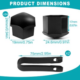 LEBOKJ Pack of 24 Universal 19 mm Wheel Bolt Caps, Screw Cover Car Wheel Caps, Plastic Groove Wheel Nuts, Anti-Theft Screw Caps, with Removal Tool Set for Cars (Black)