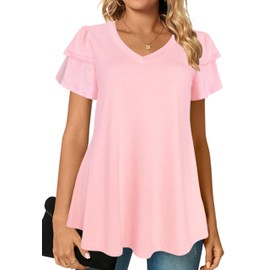 Afibi Womens Summer Tops Ruffle Short Sleeve V Neck T-Shirts Casual Loose Fit (Medium, Pink)