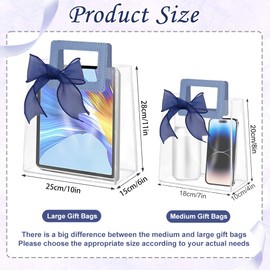 12 Pcs Clear Gift Bags with Handles, Transparent PVC Gift Bag with Ribbon, Reusable Plastic Shopping Bags, Heavy Duty Gift Wrap Bags for Bridal Party Baby Shower Wedding Birthday (Blue-10x11x6In-Large)