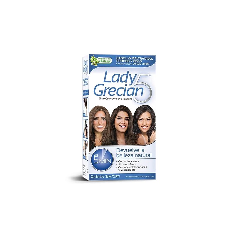 Grecian Lady 5 Shampoo Tinte Cubre Canas, Cabello Maltratado, 3