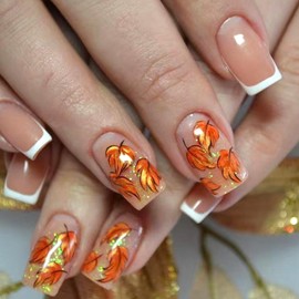 Thanksgiving Press on Nails Medium Square Artificial Acrylic Nail French Glitter Yellow Maple Leaf with White Edge Unique Stick on Nail Full Cover Reusable Coffin Artificial Fingernails for Women