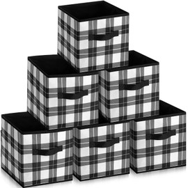 Suzile 6 Pcs Buffalo Plaid Storage Bins Christmas 10'' Buffalo Plaid Foldable Fabric Storage Cube with Handles Christmas Basket Storage Box Organizers for Toys Shelf Closet Home Gift (Black and White)