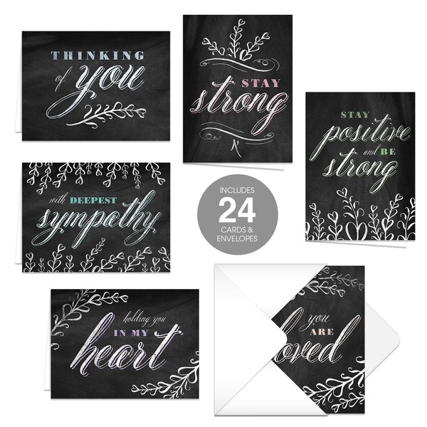 Retro Style Chalkboard Sympathy Card Pack / 24 Empathy Note Cards / 6 Elegant Vintage Blackboard Designs / 4 5/8" x 6 1/4" Uplifting Greeting Cards/Made In The USA