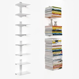 Fun Memories Invisible Floating Bookshelves for Wall, 8 Tier Vertical Spine Book Tower, Heavy Duty Floating Book Shelves Metal Book Organizers for Home Office, 4 Pack, White