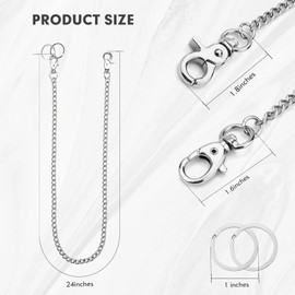Wiratca Wallet Chain, Anti-Lost Wallet Chains for Men, Heavy Duty Long Jean Pocket Chain with 2 Keyrings for Jeans, Pants and keys - Silver