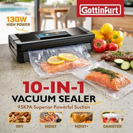 Pro Vacuum Sealer for Food 95Kpa, Vacuum Sealer Machine 10-IN-1 with Easy-Lock Handle, Double Heat Seal & Double Pump, 1 Bag Rolls and 10 pcs Pre-cut Bags, Stainless Steel