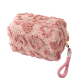 Plush Pink Cosmetic Case with Heart Pattern, Furry Texture, Wrist Strap