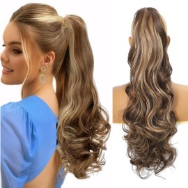 SCENTW Ponytail Extension 24" Claw Clip in Ponytail Extensions Brown with Highlights Long Curly Wavy Layered Hair Extension Jaw Clip on Pony Tails for Women