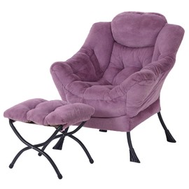 MBOOYOME Lazy Chair with Ottoman, Modern Accent Chair Contemporary Lounge Leisure Upholstered Sofa Chair Set with Armrests, Reading Chair for Living Room, Bedroom, Office, Plush Purple