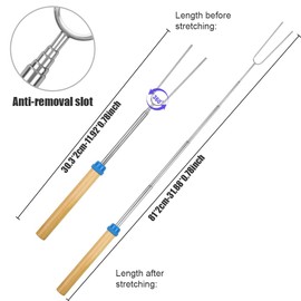 OFFCUP Barbecue Forks, 8pcs Marshmallow Toasting Forks, Extendable Stainless Steel Marshmallow Roasting Sticks Hot Dog Forks BBQ Smores Skewers for Fire Pit and BBQ Campfire Party