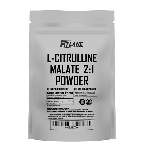 L-Citrulline Malate 2:1 Powder, Bulk Free Form Amino Acid Supplement. Raw and Pure with no Additives by Fit Lane Nutrition. 301 Gram Bag.