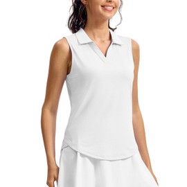Rdruko Women's Sleeveless Golf Polo Shirts V-Neck Collared Tennis Quick Dry UPF 50+ Lightweight Athletic Tank Tops, White, L
