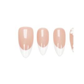 Handmade Press On Nails Medium Almond-Salon Gel Acrylic Full Set 10pcs-Reusable Nude Base White French-Tip Floral (Dancing Petals, Size S)