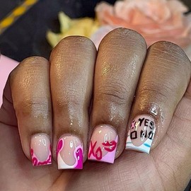 24 Pcs Love Square Press on Nails Short - YEFIUO Extra Short Nail Tips Acrylic Nail Kit Nail Art Fake Nails Press ons White Pink French Glue on Nails Full Cover False Nails for Women